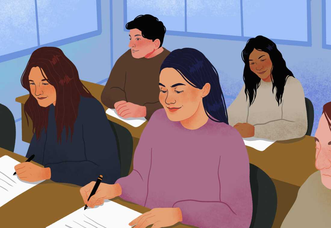 In this illustration, college students sit at desks while holding pencils as they take an exam in a classroom.
