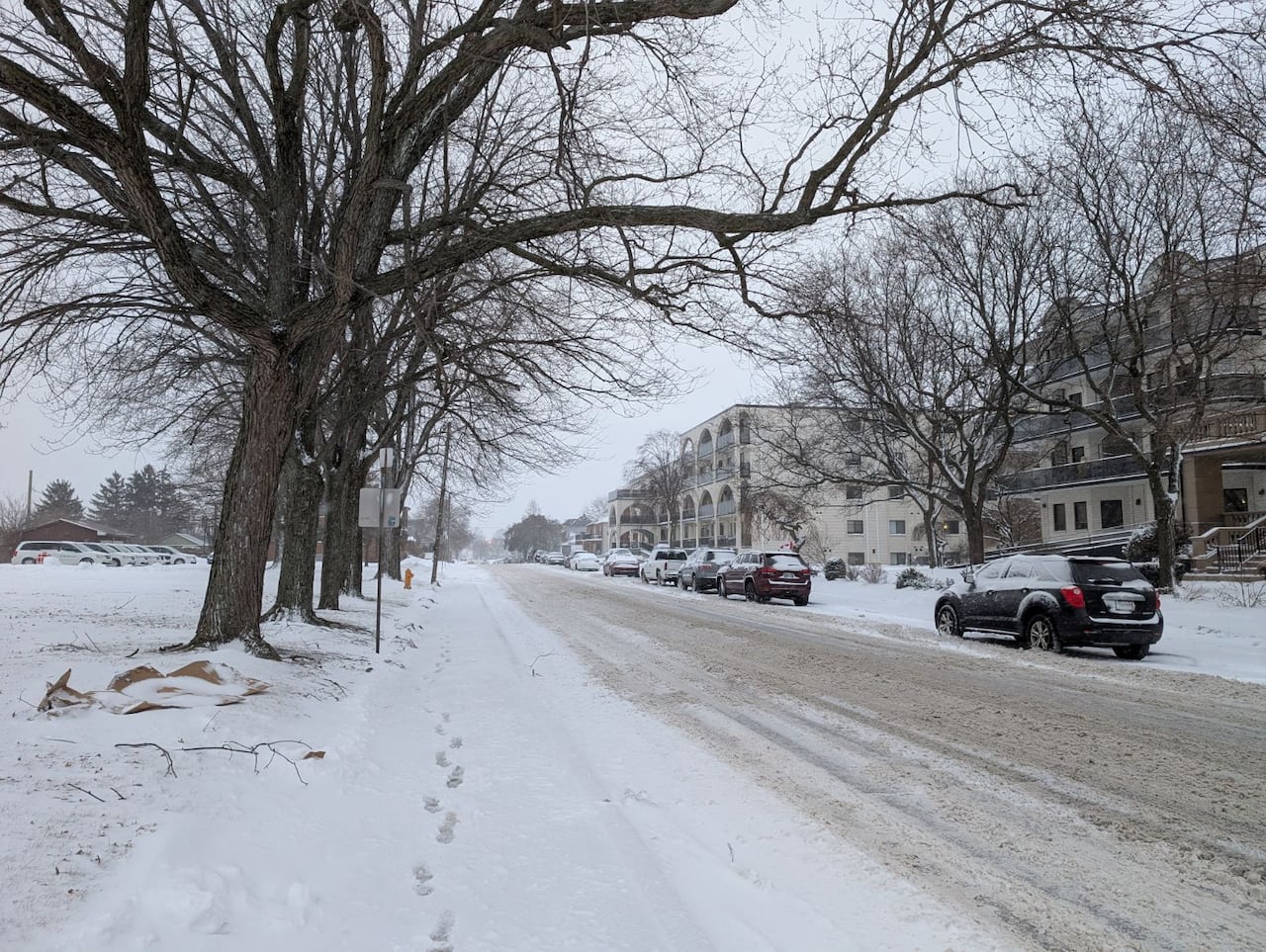 A shot of Crawford Ave. covered in snow.  