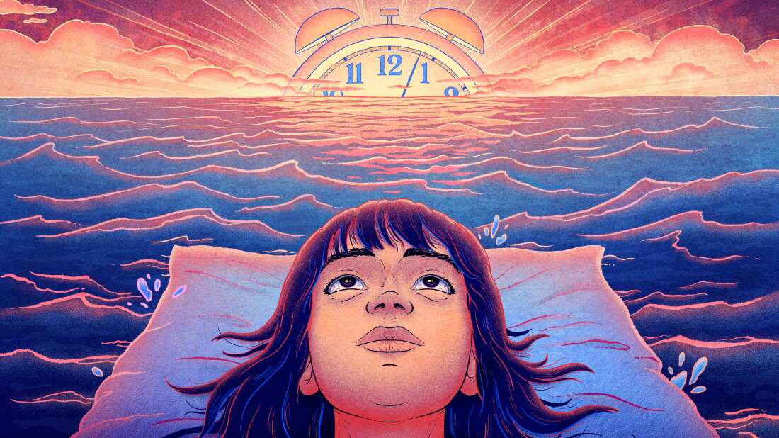 An illustration shows a person in the foreground, lying on a pillow with their eyes open, staring up at the sky. They have small red veins in their eyes, and they appear mildly distressed. They float on an open ocean, water splashing up around them as they drift towards the horizon, where a large alarm clock rises as if it were the morning sun. The person in the image is depicted in cool, blue and purple color tones, with the alarm clock sunrise shown in pinks and golds, giving the image a dreamy look. 