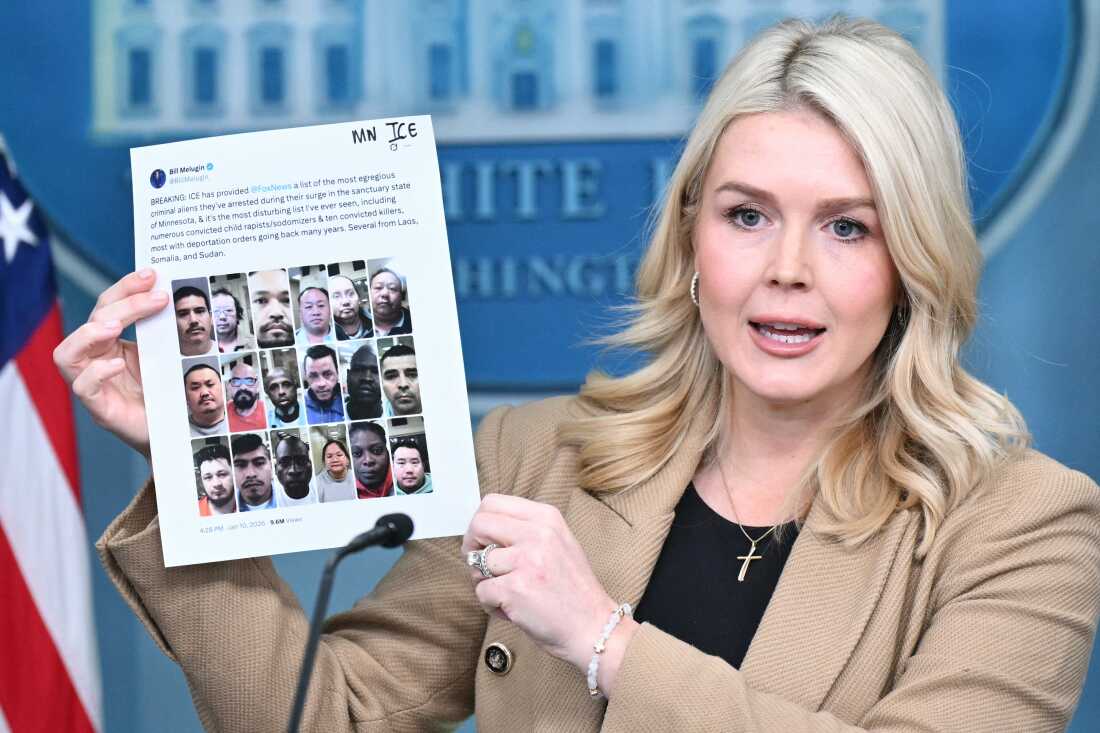 White House Press Secretary Karoline Leavitt holds up a printout of a social media post with pictures of alleged undocumented criminals arrested recently by Immigration and Customs Enforcement (ICE) in Minnesota as she speaks during a press briefing at the White House on Jan. 15, 2026. (Photo by Mandel NGAN / AFP via Getty Images)