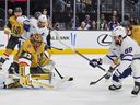 William Nylander #88 of the Toronto Maple Leafs scores a first-period goal against Adin Hill #33 of the Vegas Golden Knights during their game at T-Mobile Arena on January 15, 2026 in Las Vegas, Nevada.
