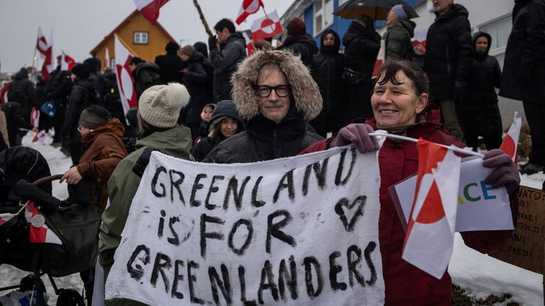 Greenlanders protest outside the US consulate in Nuuk against Trump's plan to seize their island. Pic: Reuters