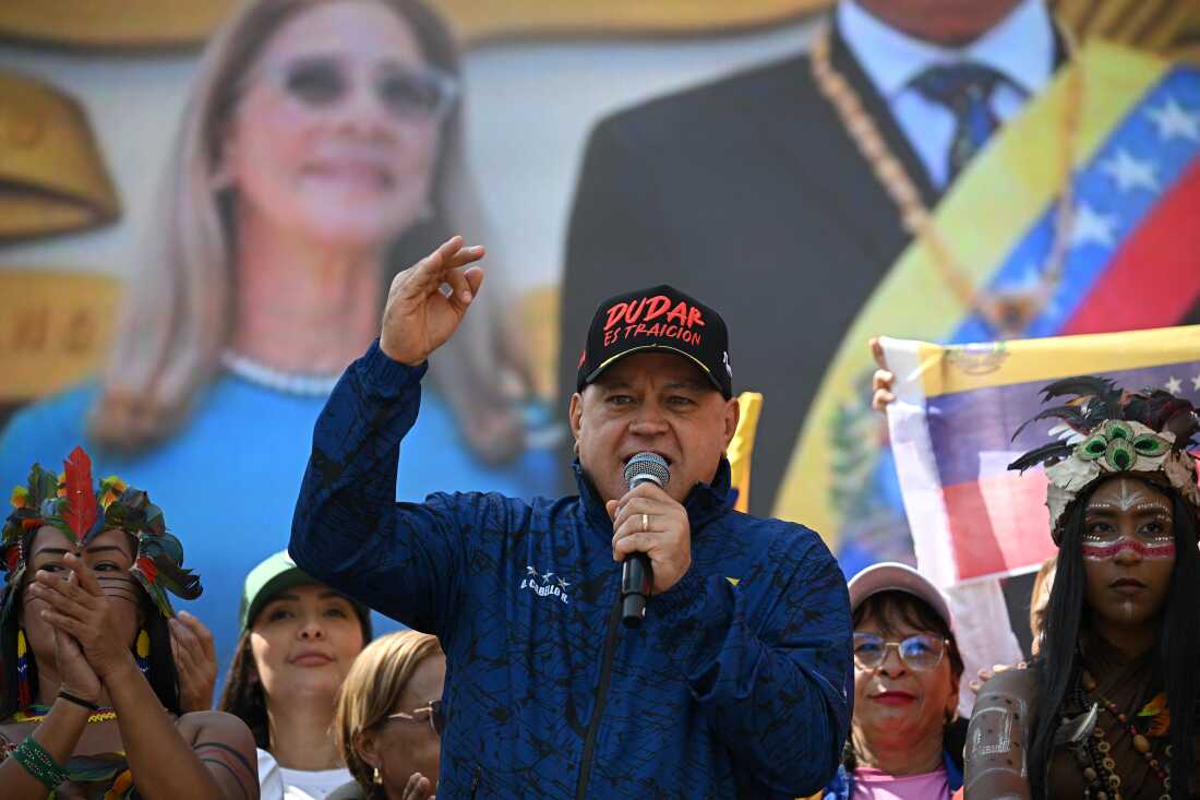 Venezuela's Minister of Interior Diosdado Cabello delivers a speech during a women's rally in support of ousted Venezuela's President Nicolas Maduro and his wife Cilia Flores in Caracas on Jan. 6, 2026.
