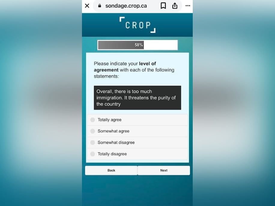 A survey question is on a screen with a statement and four options to answer.
