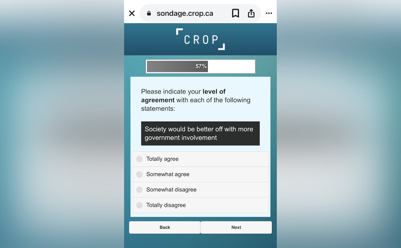 A screenshot of a blue webpage that reads "please indicate your level of agreement with each of the following statements: society would be better off with more government involvement" with bullet points ranging from totally agree to totally disagree