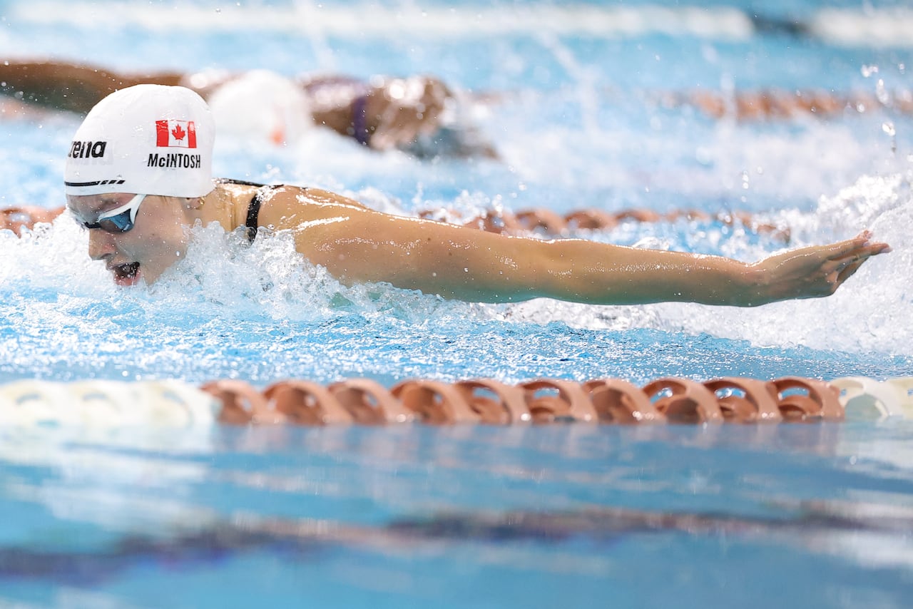 A female swimmer takes a breath during a butterfly race.