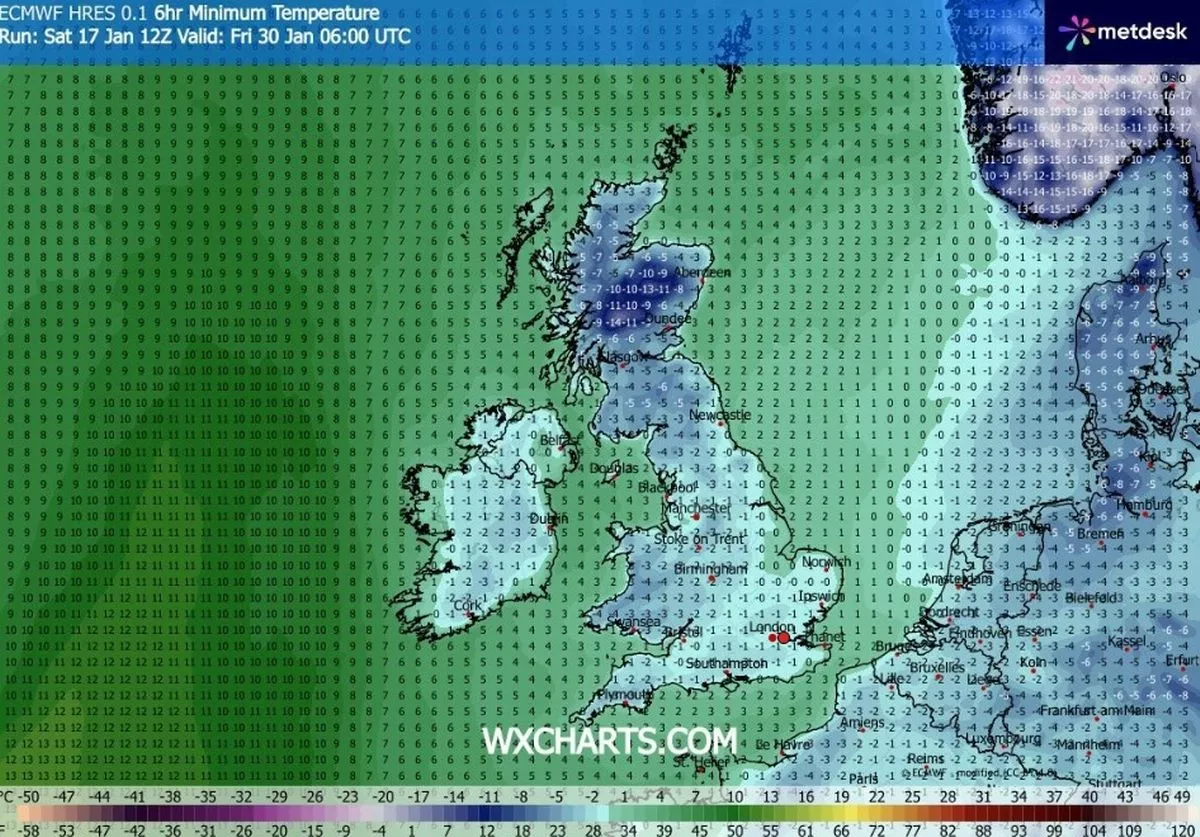 A map showing temperatures