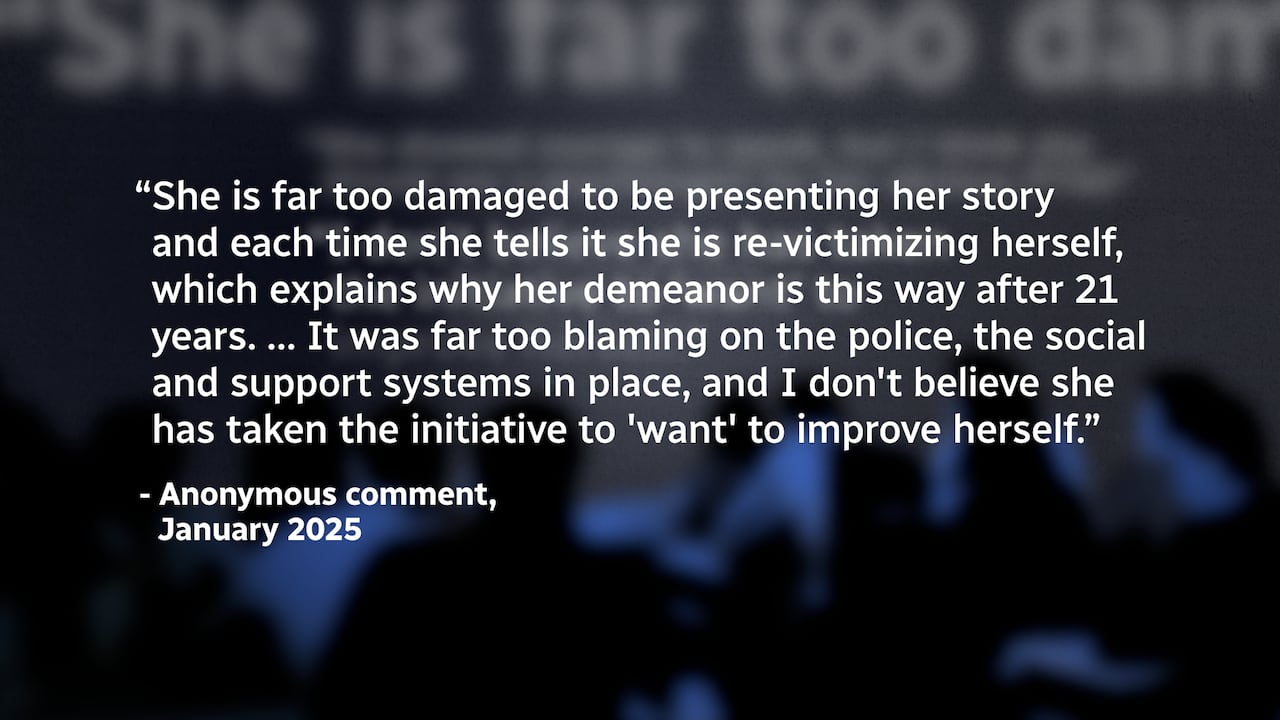 Image of a partial quote from an anonymous comment. In says in part: "She is far too damaged to be presenting her story." 
