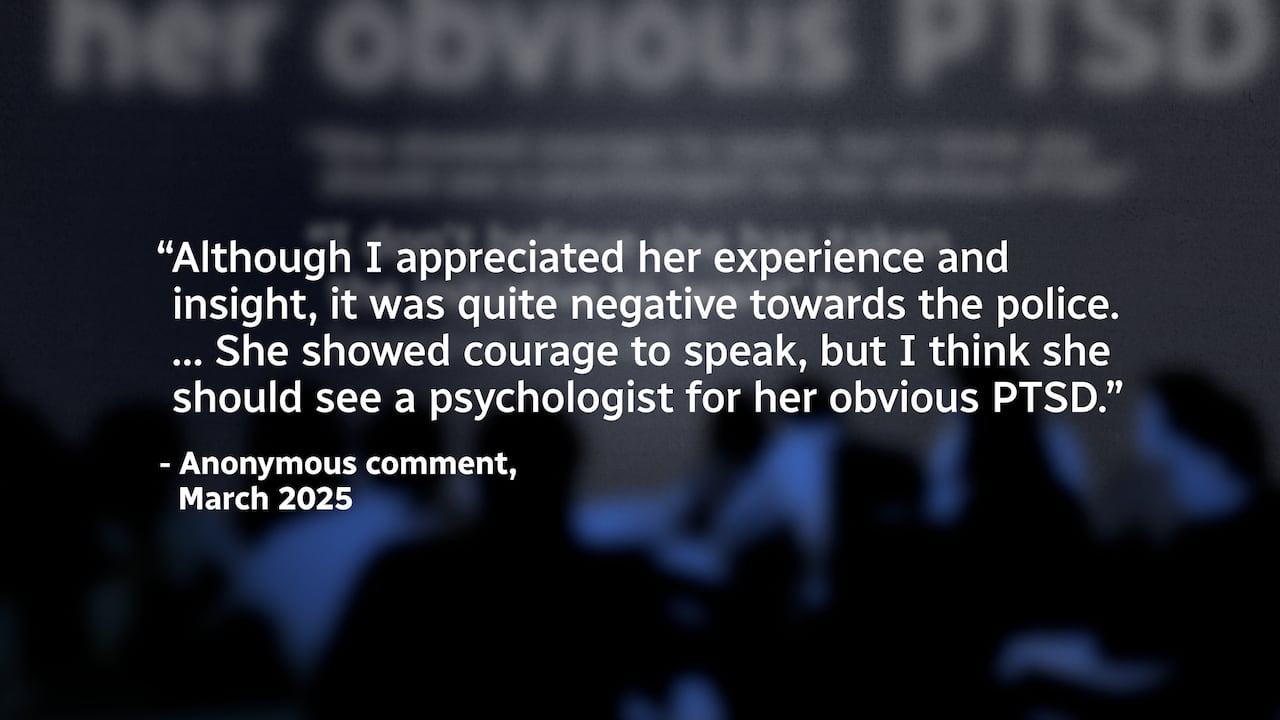 Image of a partial quote from an anonymous comment. In says in part: "she should see a psychologist for her obvious PTSD." 