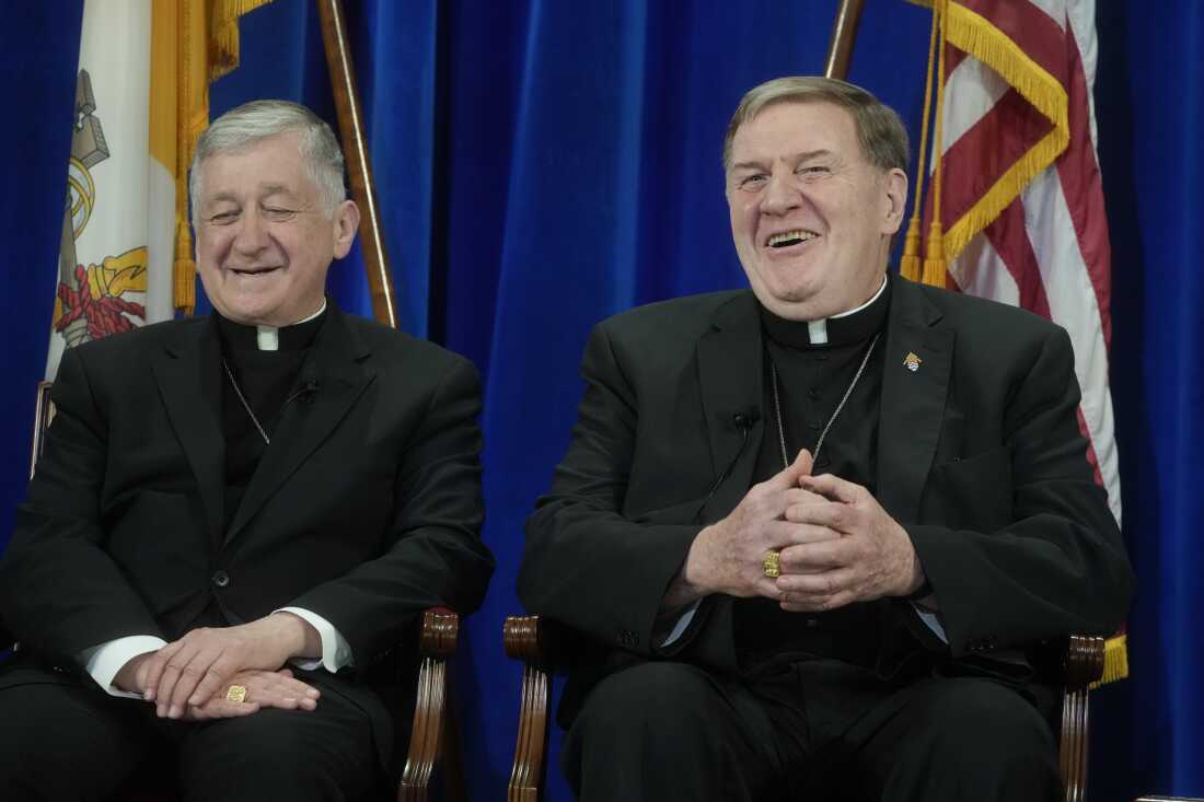 From right, U.S. Cardinals, Joseph Tobin of Newark, and Blase Cupich of Chicago, attend a press conference at the North American College in Rome on May 9, 2025. Along with Cardinal Robert McElroy, archbishop of Washington (not pictured), the men issued a strongly worded statement on Monday criticizing the Trump administration’s foreign policy.
