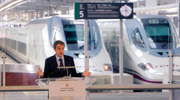 Former Spanish Prime Minister Jose Luis Rodriguez Zapatero speaks at Valencia train station, following the inaugural journey aboard a high-speed AVE train linking Madrid to Valencia, Spain, Dec. 18, 2010. (AP Photo/Alberto Saiz, File)