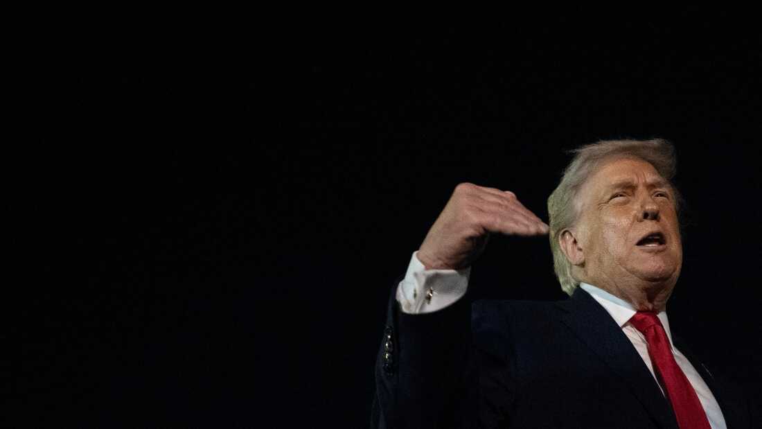 President Trump wears a dark suit with a red tie as he talks with reporters. 