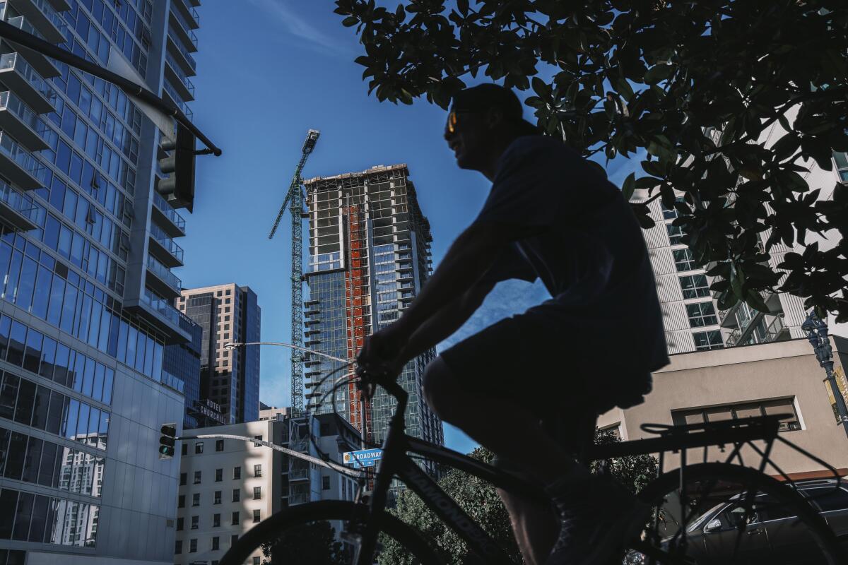 An apartment building is under construction in downtown San Diego on Jan. 16, 2026. 