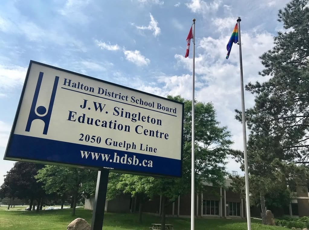 Sign in front of building and flagpoles