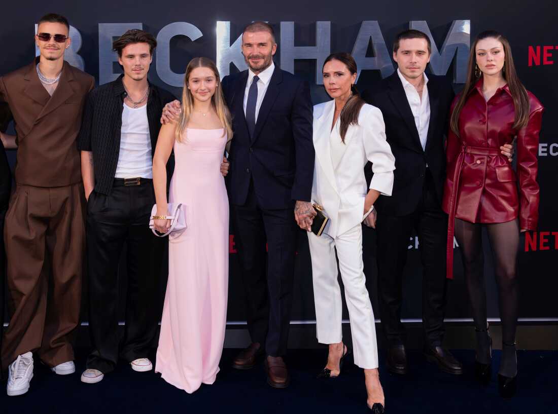 FILE - Romeo Beckham, from left, Cruz Beckham, Harper Beckham, David Beckham, Victoria Beckham, Brooklyn Beckham and Nicola Peltz Beckham appear at the premiere of the Netflix docuseries "Beckham" in London on Oct. 3, 2023. 