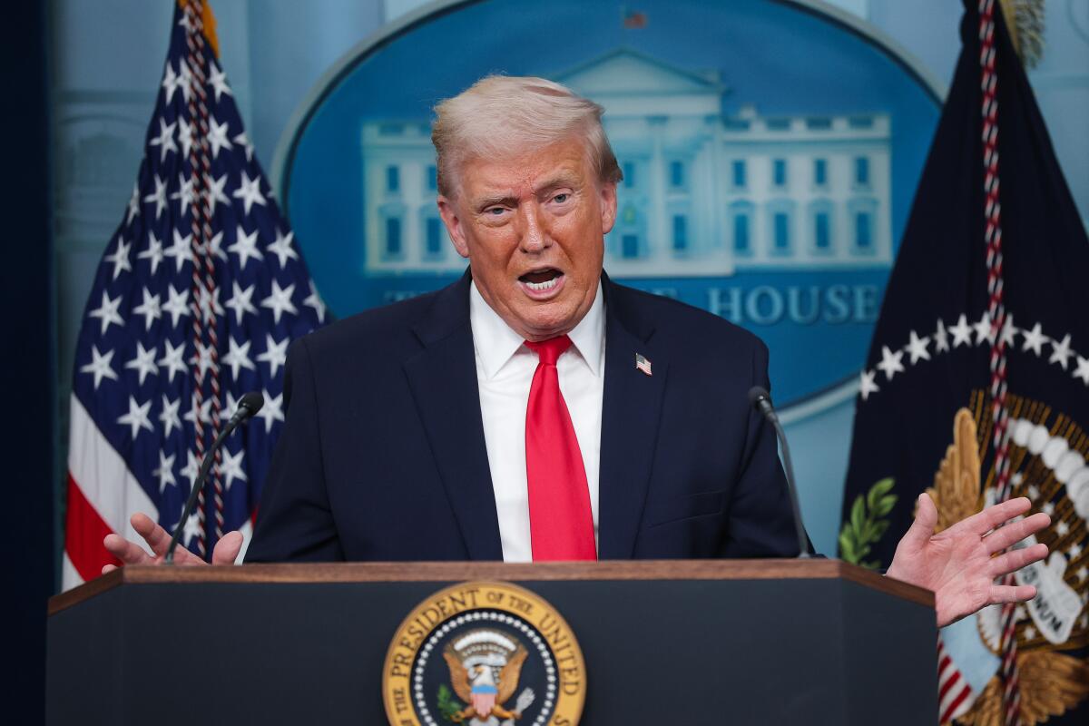 President Trump speaks during a press briefing Tuesday at the White House.