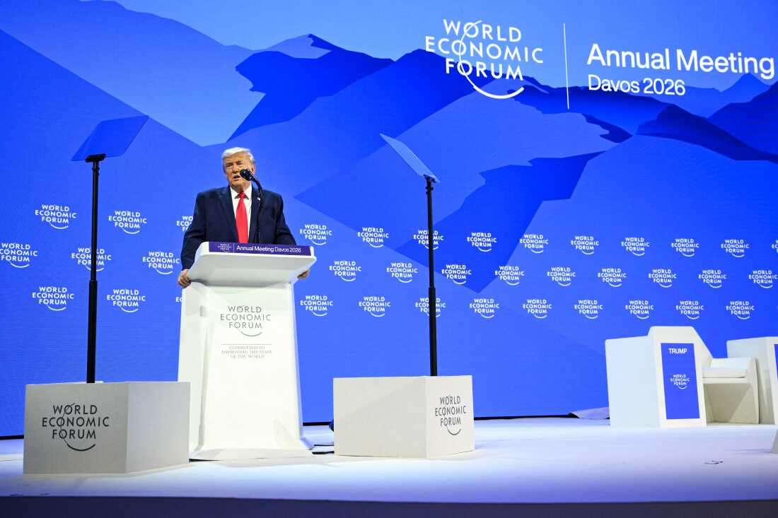 President Trump delivers an address during the World Economic Forum annual meeting in Davos, Switzerland on Jan. 21.