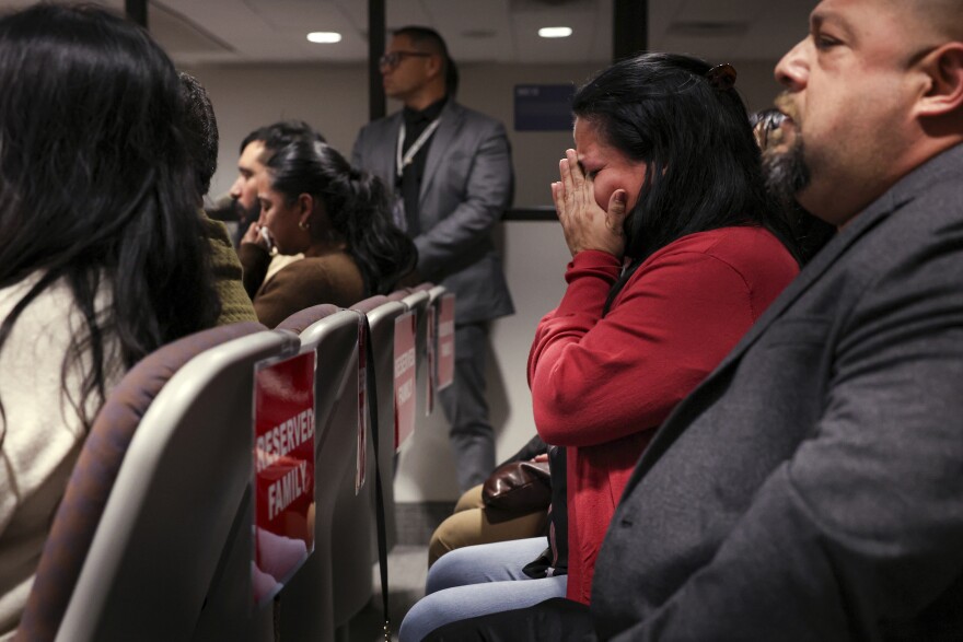 Gloria Cazares, mother of Robb Elementary school shooting victim Jackie Cazaeres, reacts after the jury found former Uvalde school district police officer Adrian Gonzales not guilty at the Nueces County Courthouse on Wednesday, Jan. 21, 2026, in Corpus Christi, Texas.