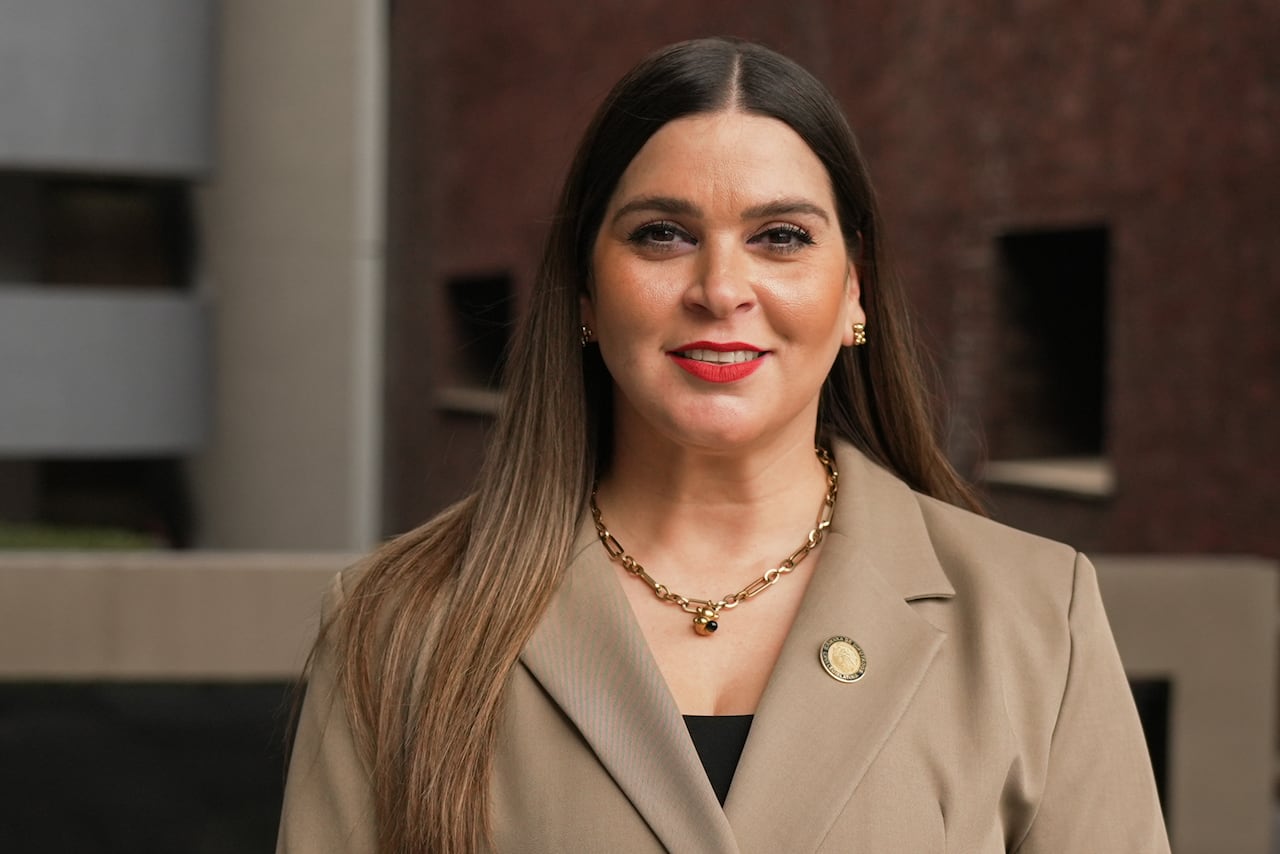 A woman with long brown hair looks into the camera.