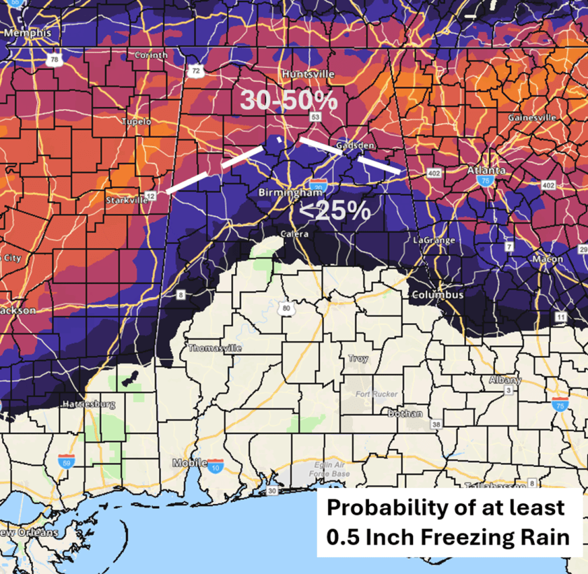 Map displaying the probability of at least 0.5 inch of freezing rain in various regions, with percentages marked in areas such as Huntsville (30-50%) and Birmingham (25%).