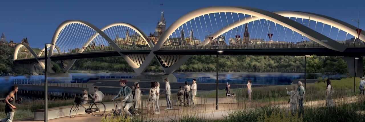 A rendering of a bridge over a river between two cities at night.