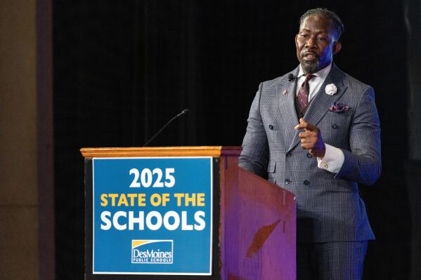 Ian Roberts, superintendent of Des Moines Public Schools, delivers an annual address at North High School in Des Moines, Iowa, Feb. 11, 2025. (Jon Lemons/Des Moines Public Schools via AP)