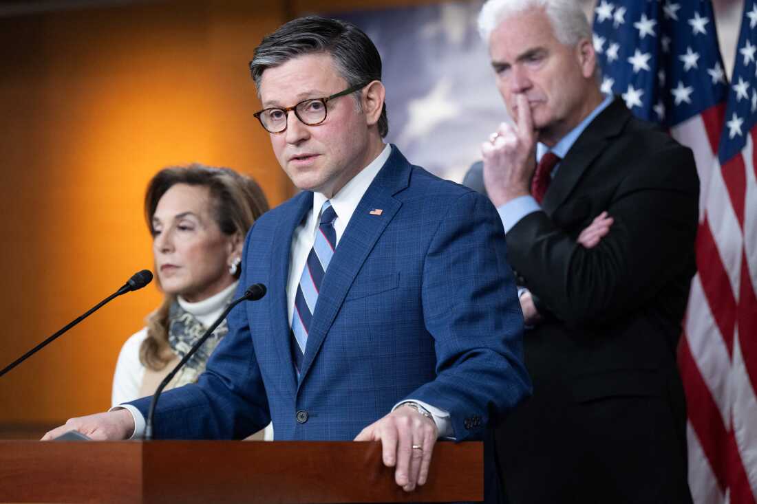 Speaker of the House Mike Johnson, R-La., speaks alongside Republican Conference Chair Representative Lisa McClain, R-Mich., and House Majority Whip Tom Emmer, R-Minn., during a press conference on Capitol Hill in Washington, D.C., on January 21, 2026.