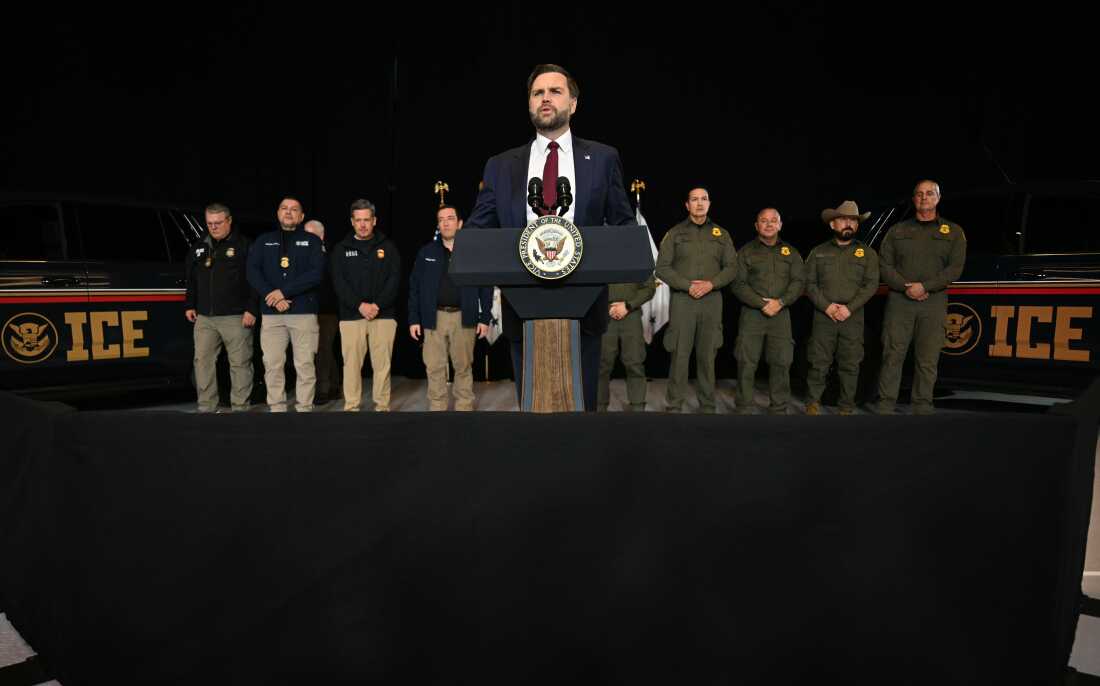 Vice President JD Vance gave remarks while standing in front of ICE agents following a roundtable discussion with local leaders and community members amid a surge of federal immigration authorities in Minneapolis, Minnesota.