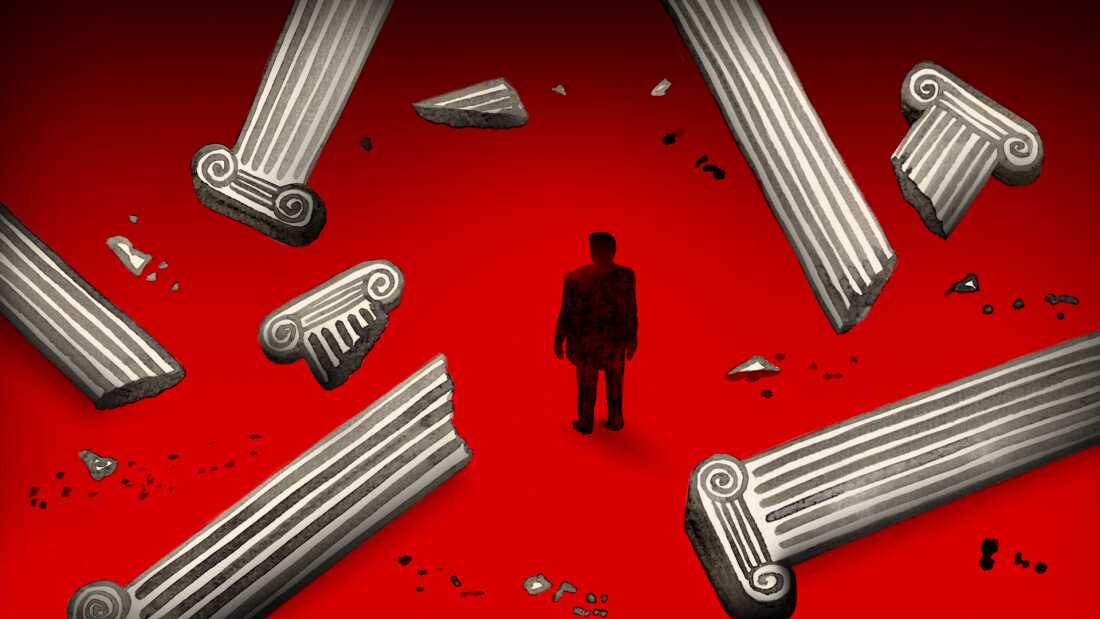 An illustration of a silhouette of President Trump standing among fallen Greco-Roman building pillars against a red background.