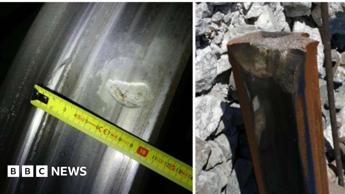 Two images show a groove on a train wheel on the left and on the right the possible point of collision where the track was broken