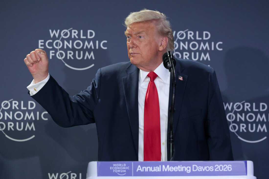 President Trump speaks during a reception for business leaders at the World Economic Forum Annual Meeting in Davos, Switzerland, Wednesday.