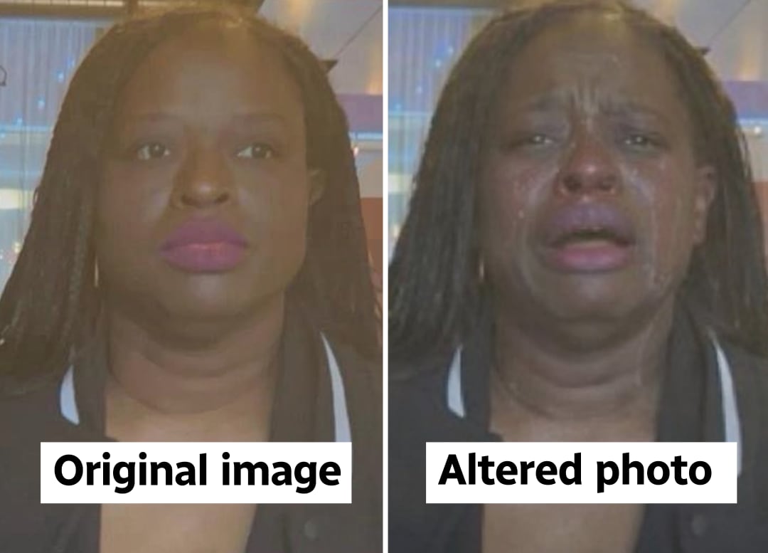 Composite photo showing a woman being arrested on the left, and an altered version of the same photo on the right