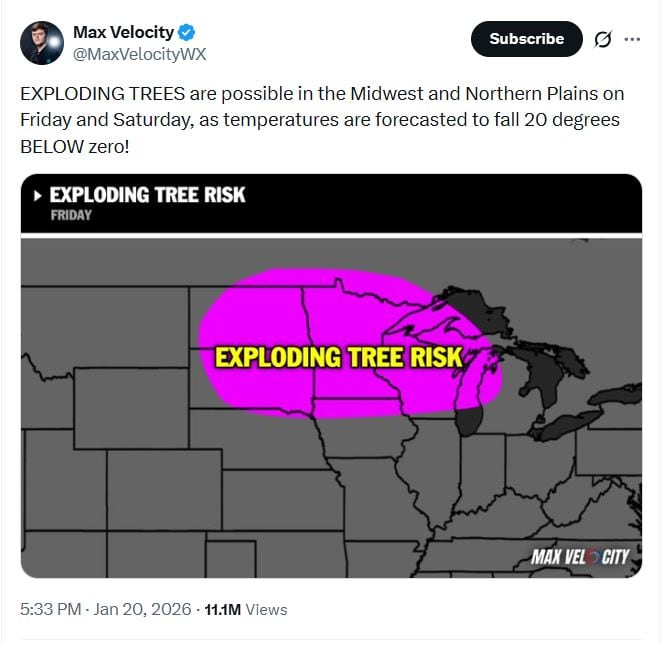 A grey graphic showing a section of the U.S. Midwest and Great Plains with a bright purple blog over several stated and the words "exploding trees risk" in yellow font. 