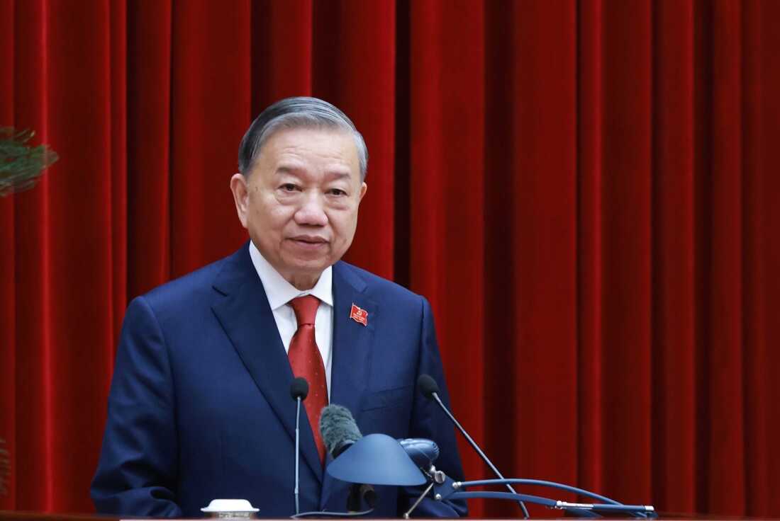 Vietnam's General Secretary of the Communist Party To Lam speaks after being re-elected to the position following a National Congress in Hanoi, Vietnam, Friday, Jan. 23, 2026.