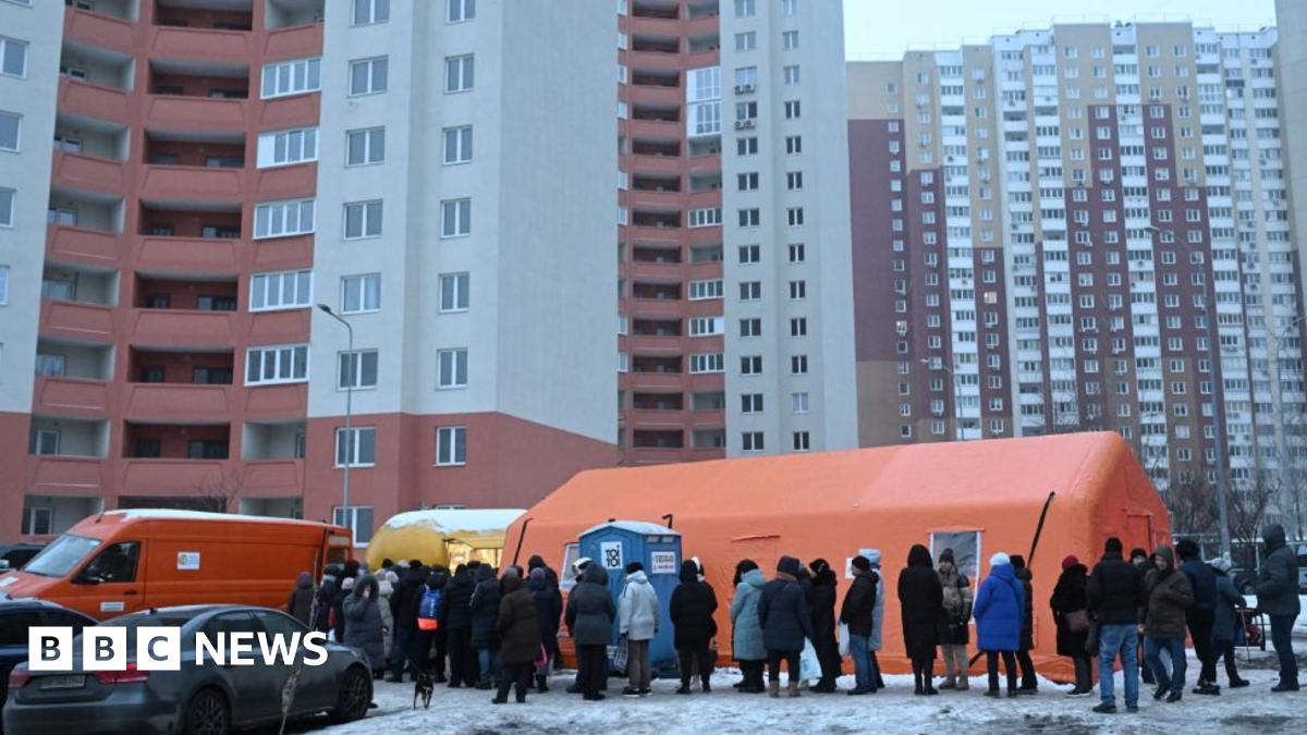 Aerial view of Soviet-era apartment blocks in Ukrainian city of Kharkiv