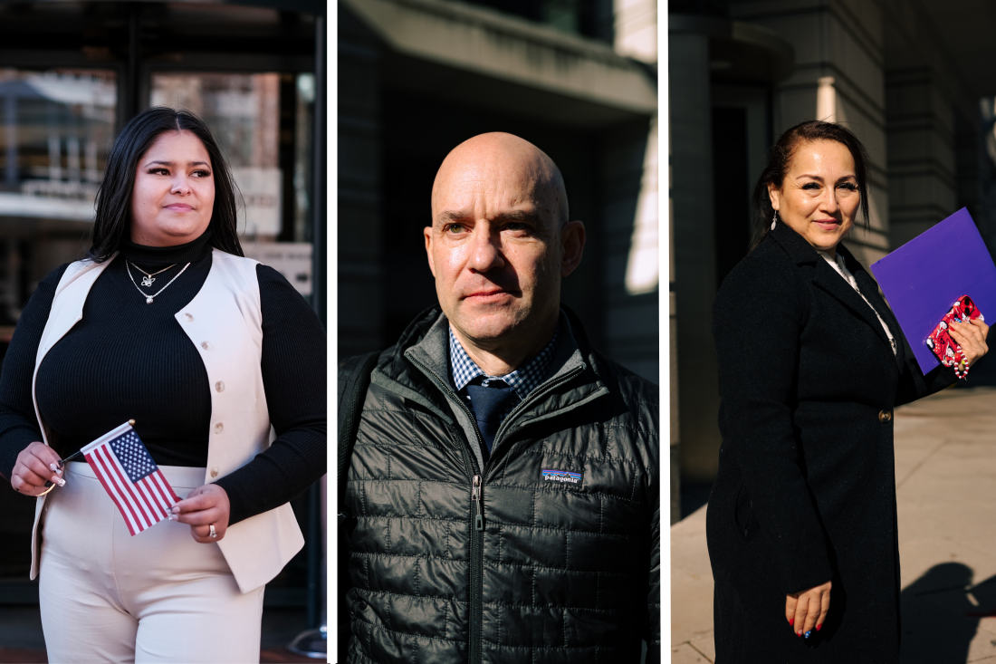 Ashely Lezama (left), originally from Honduras, stands outside after her first naturalization ceremony at the Albert V. Bryan Federal Courthouse in Alexandria, Va. David Diemert, originally from Canada and Zaida Meza, originally from Guatemala, stand outside after their naturalization ceremony at the E. Barrett Prettyman United States Court House in Washington, D.C.