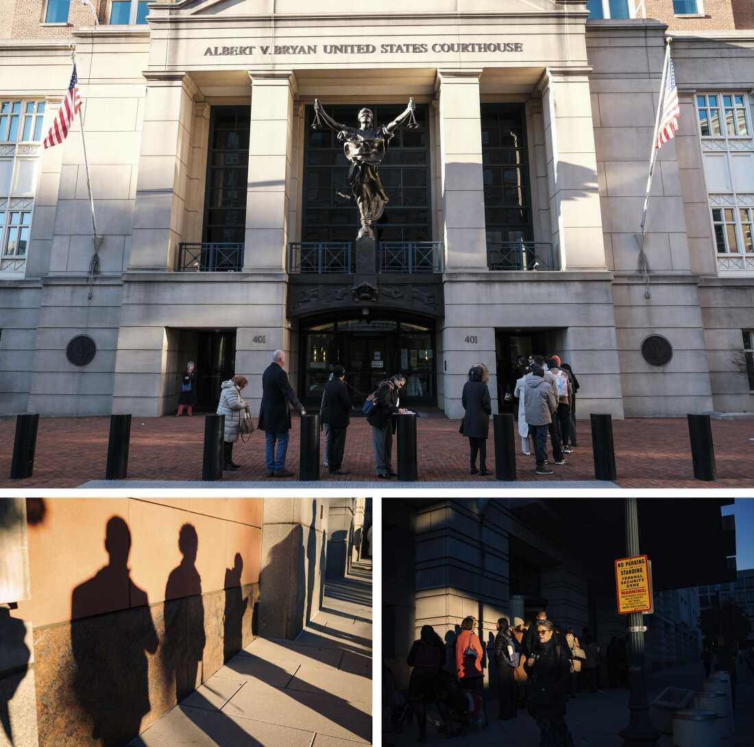 Top: A large statue of Justice blindfolded and holding scales stands above participants waiting in line for the first naturalization ceremony of 2026  at the Albert V. Bryan Federal Courthouse in Alexandria, Va. on Jan. 15. Bottom left: Shadows of people standing outside of the E. Barrett Prettyman United States Court House in Washington, D.C., on Jan. 13. Bottom right: People wearing winter coats stand next to the court house while others walk by them amongst heavy shadows. A yellow sign says "no parking or standing. Federal security zone."