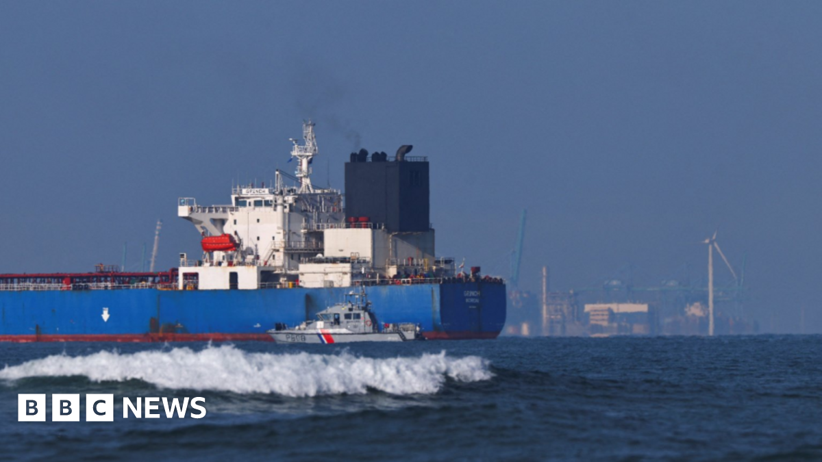 A French navy boat surrounds the GRINCH oil tanker, intercepted by France in the Alboran Sea on suspicion of operating under a false flag and belonging to Russia's shadow fleet