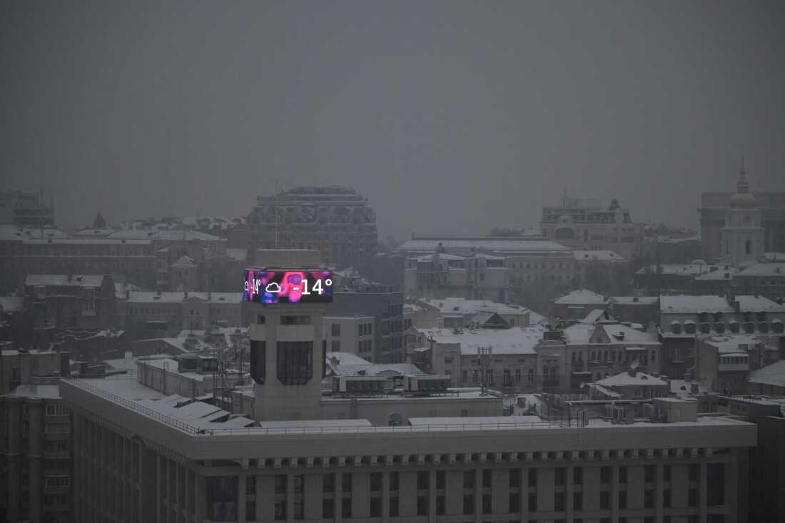 A big screen on a building displaying a temperature of -14 degrees Celsius in Kyiv on January 14, 2026, amid the Russian invasion of Ukraine. 