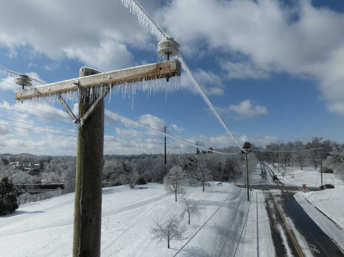 In this aerial view, ice accumulates on utility lines Monday in Nashville, Tenn. A massive winter storm is bringing frigid temperatures, ice, and snow to tens of millions of Americans across the nation.