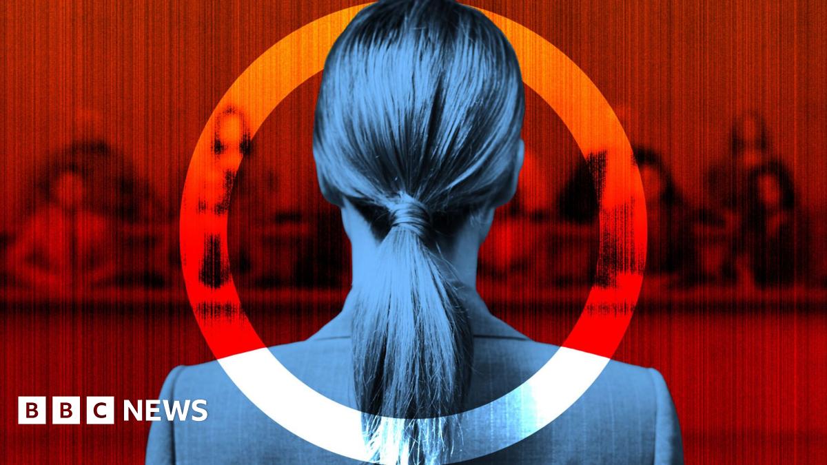 Back view of a woman with long hair in a ponytail, dressed in a dark suit, standing before a blurred red-toned background resembling a courtroom or formal panel. She is framed within a circular graphic element, partially red and white, creating a dramatic and symbolic visual effect. The overall atmosphere suggests seriousness and tension, possibly related to legal proceedings or justice.