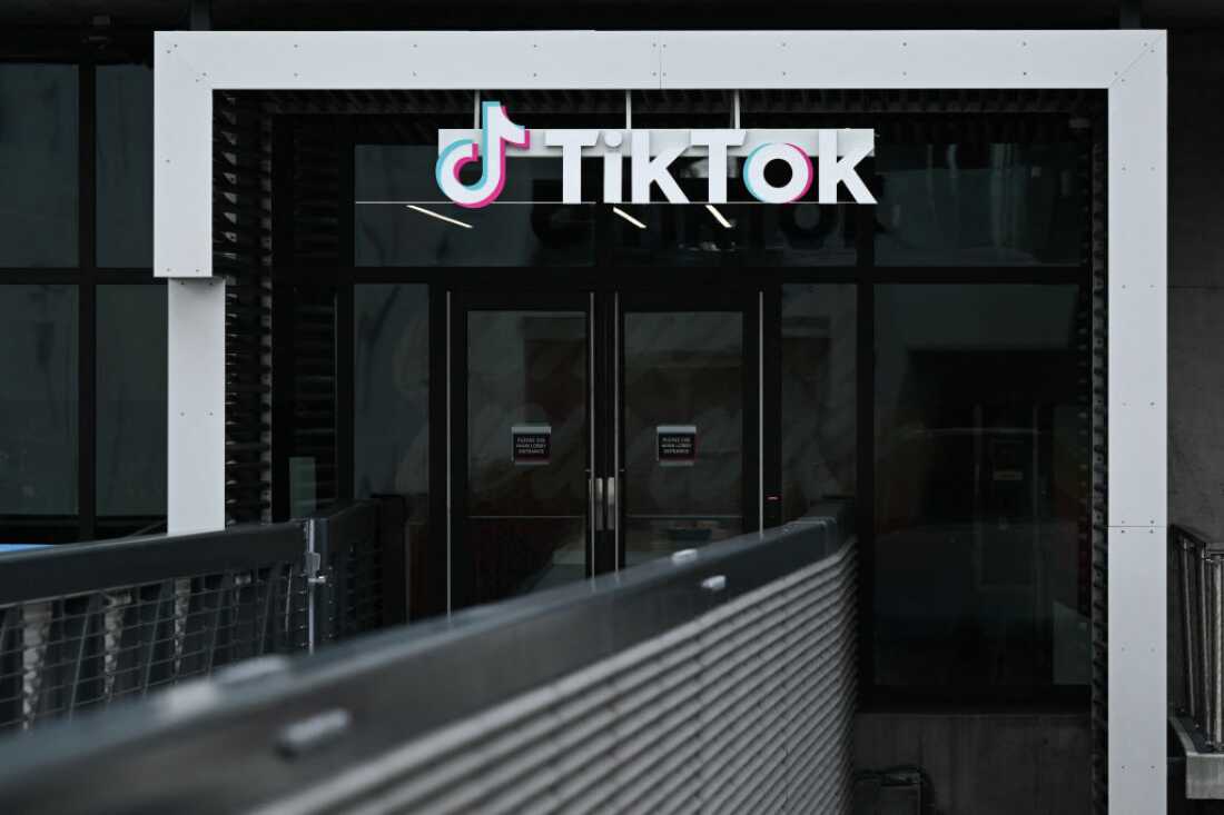 The TikTok logo is displayed outside TikTok social media app company offices in Culver City, California, on March 16, 2023.