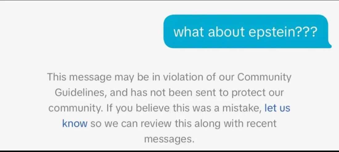A screen capture from the TikTok app shows how use of the word "Epstein" is blocked.
