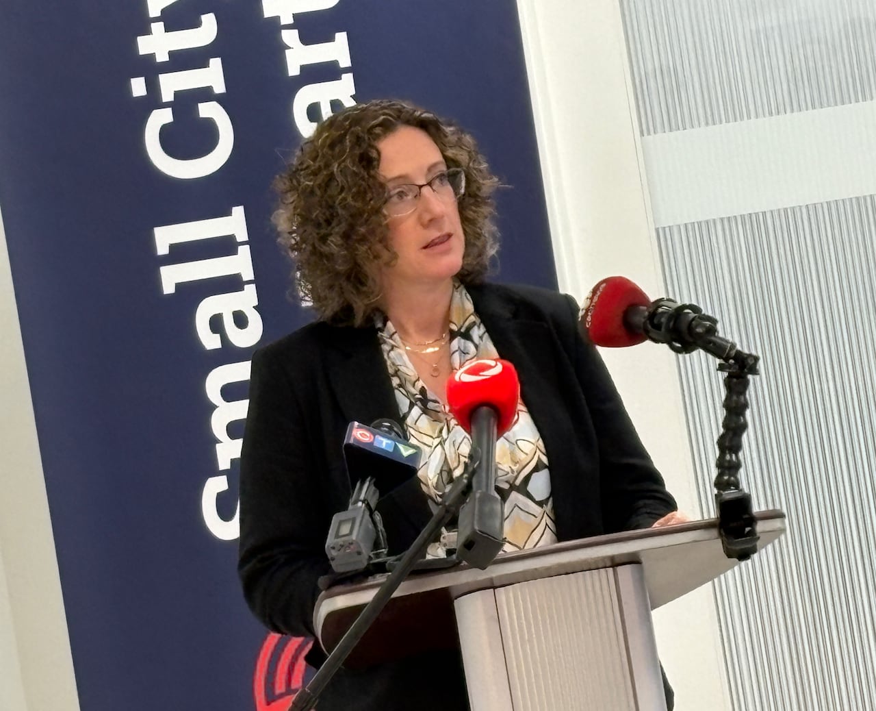 Woman standing at podium speaking into media microphones.
