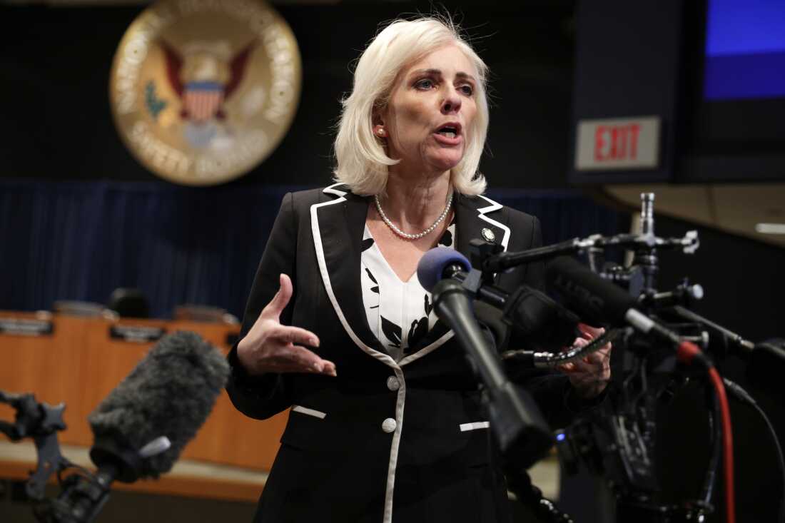 National Transportation Safety Board chairwoman Jennifer Homendy briefs reporters on Tuesday in Washington, D.C. The NTSB released its investigative findings into the January 2025 midair collision of an American Airlines regional jet and U.S. Army Black Hawk helicopter near Ronald Reagan Washington National Airport. The collision killed all 67 aboard both aircraft.