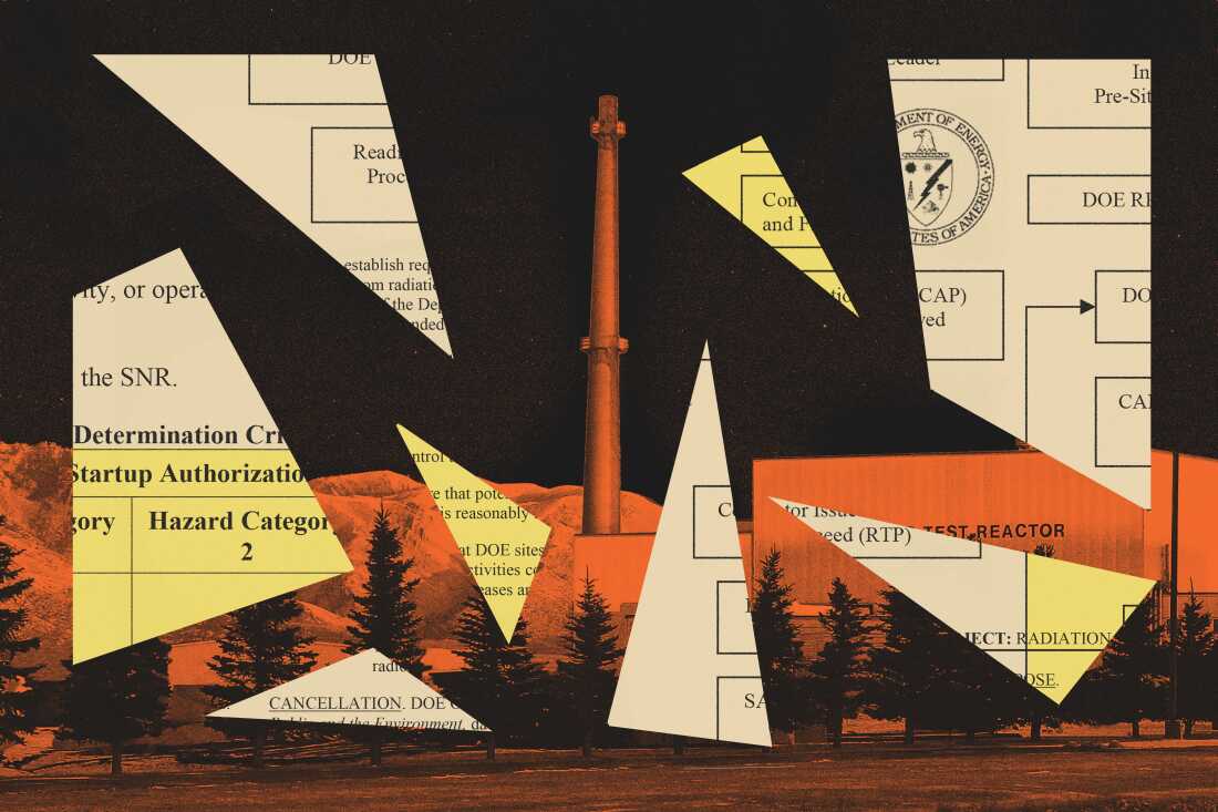 A collage showing the Idaho National Laboratory nuclear facility covered with fragments of documents from the Department of Energy. 