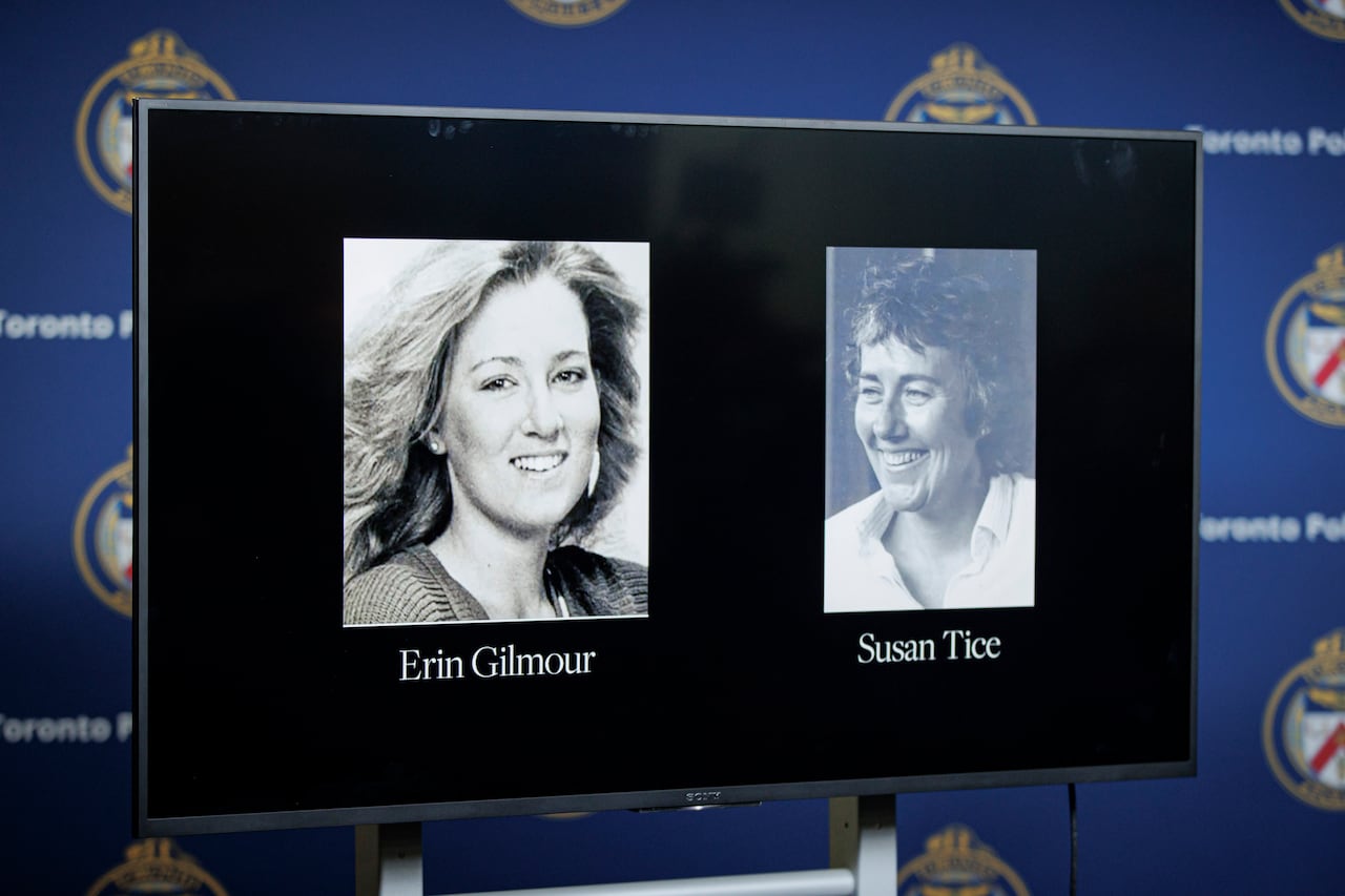 Pictures of Erin Gilmour and Susan Tice, who were both murdered in 1983, are displayed during a Toronto Police press conference announcing the Nov. 2022 arrest of Joseph George Sutherland.