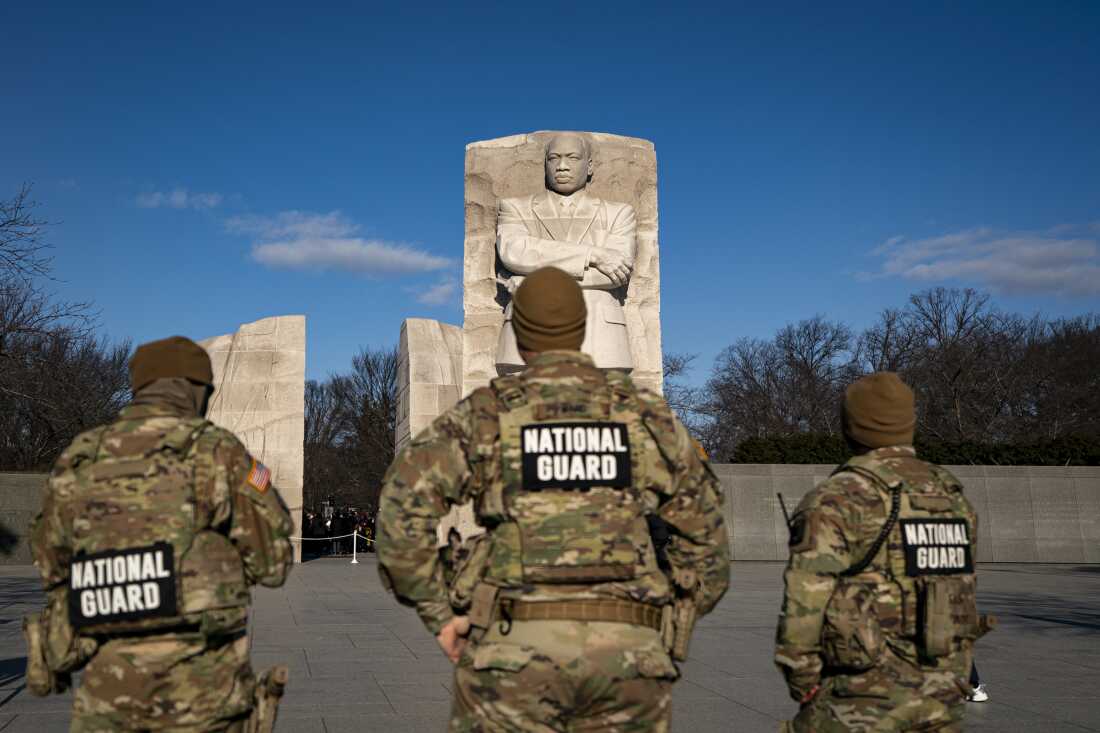 Members of the National Guard stand at the Martin Luther King, Jr. Memorial on Jan. 19 in Washington, D.C.