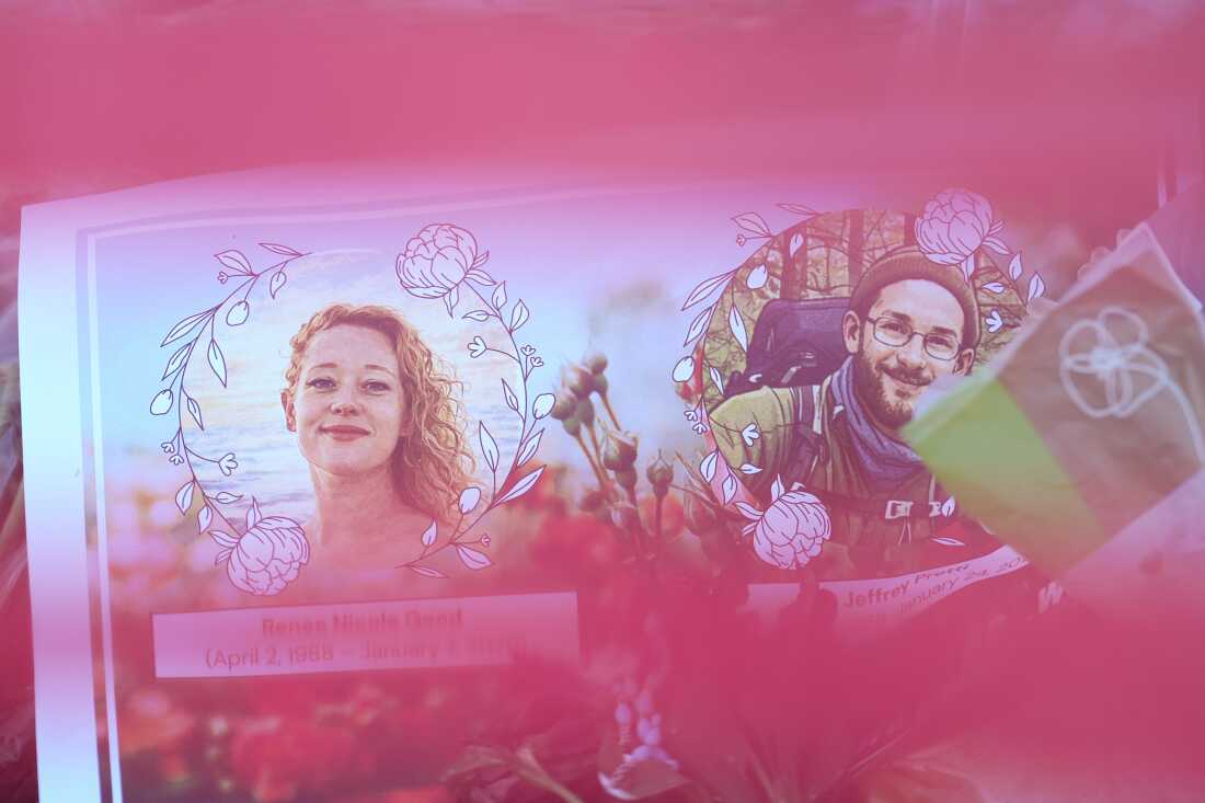 Images of Renee Macklin Good (left) and Alex Pretti, who were both shot and killed by federal immigration officers, are seen at a makeshift memorial at the site where Pretti was killed in Minneapolis.