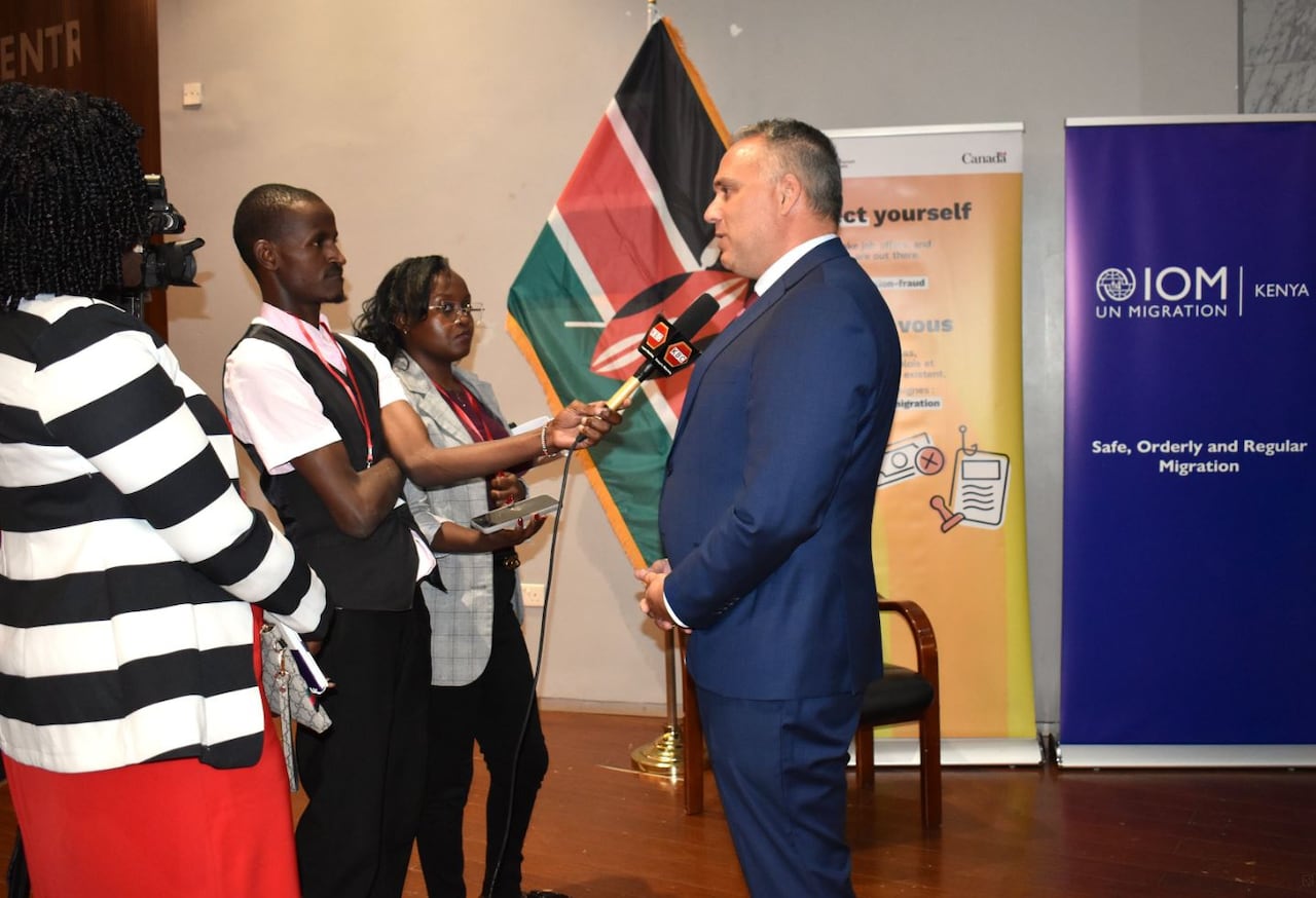 Joshua Tabah, High Commissioner to Kenya speaking to Kenyan jouranlists in a scrum. 